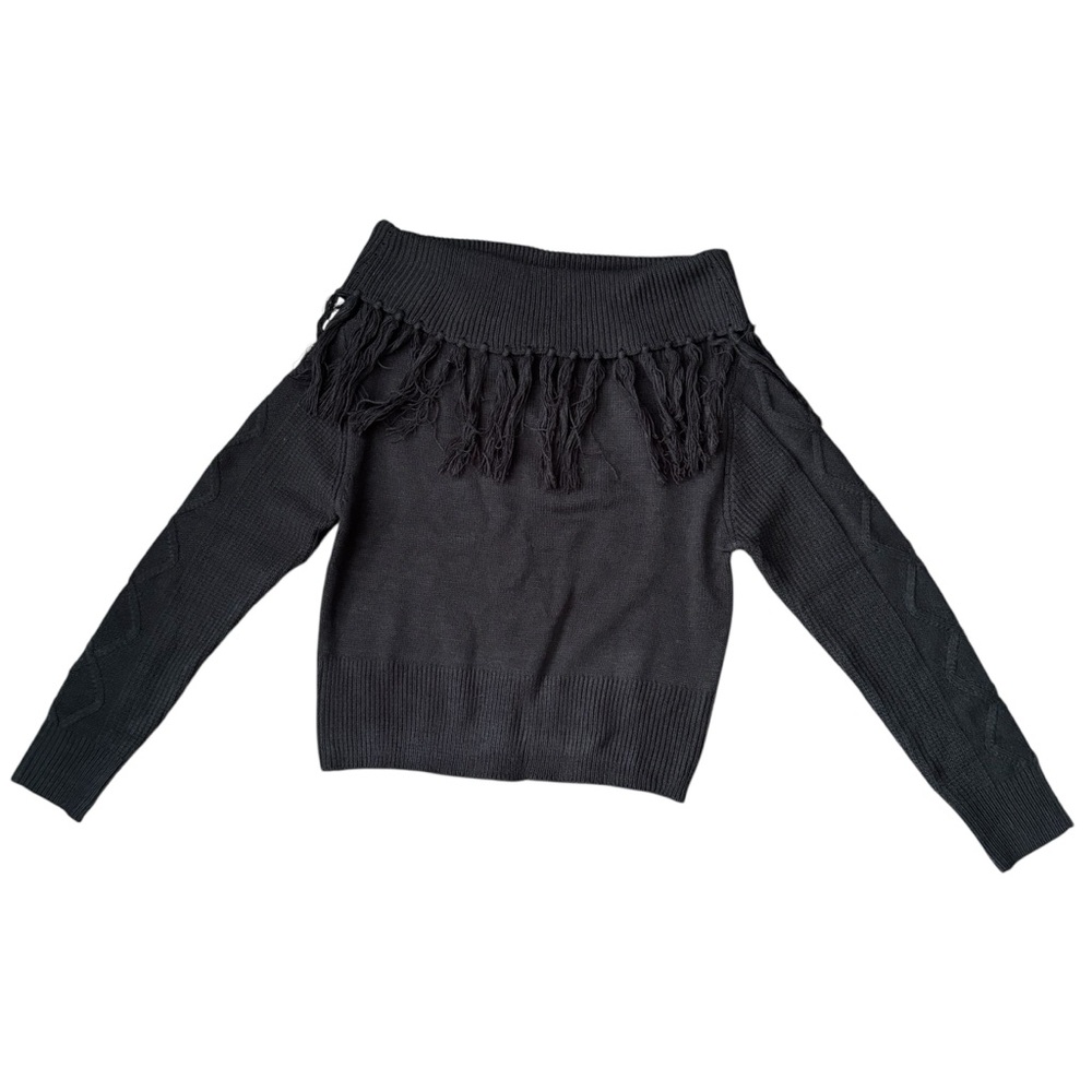 Black Off-the-Shoulder Sweater Fringe Ribbed Knit NWT